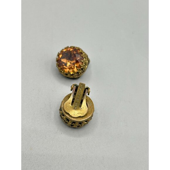 Vintage Austrian Amber Rhinestone Clip On Earrings Brass Setting Made in Austria - Picture 4 of 6